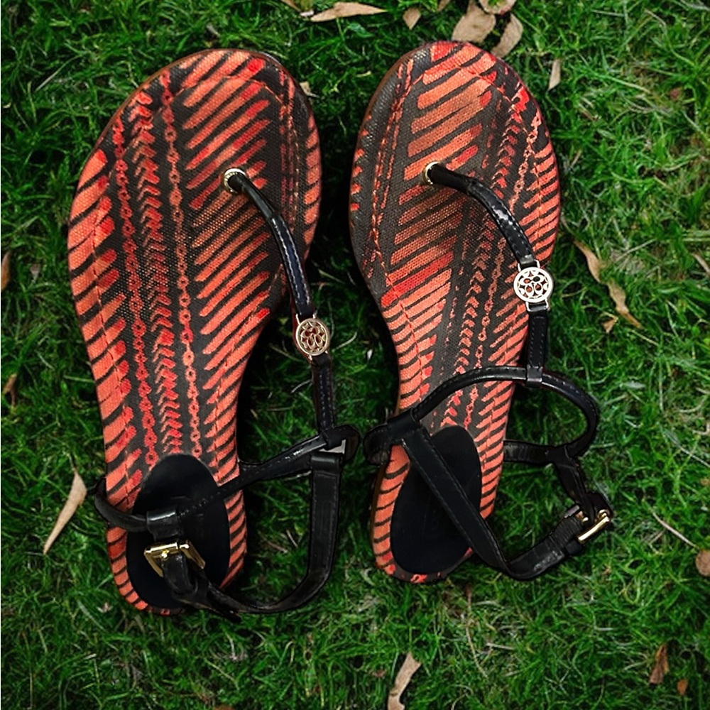 Coach Shoes | Orange & Navy Denim & Leather T-Strap Bohemian Style Sandals Gold